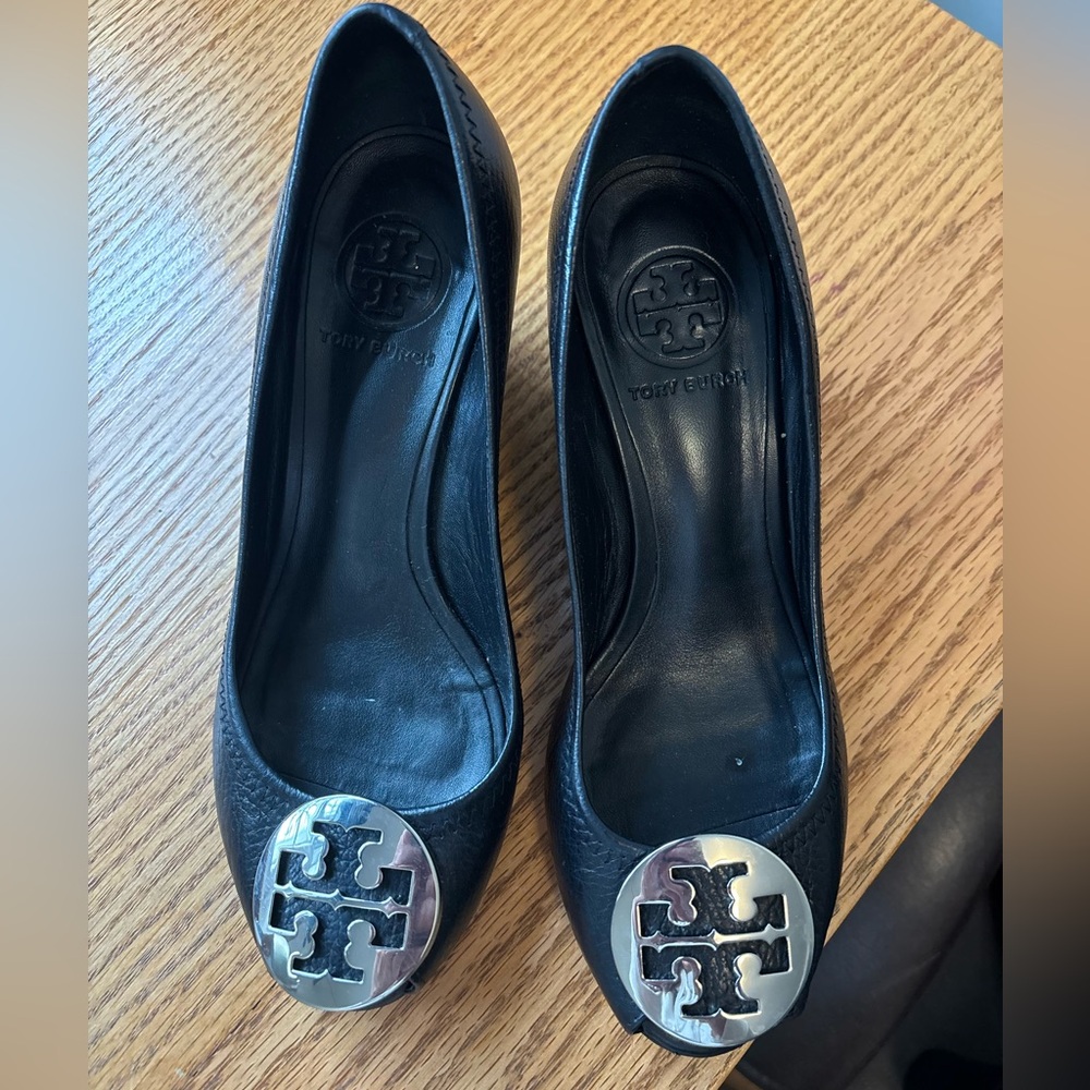Tory Burch Black Wedge with Silver Logo